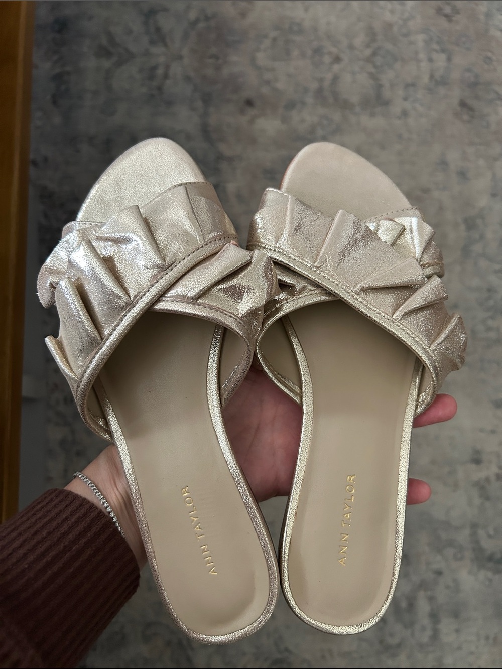 Ann Taylor Metallic Gold Ruffle Slide Mules